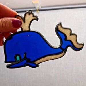 Vintage Blue Whale Suncatcher Faux Stained Glass Ocean Sea Life Decor Ornament